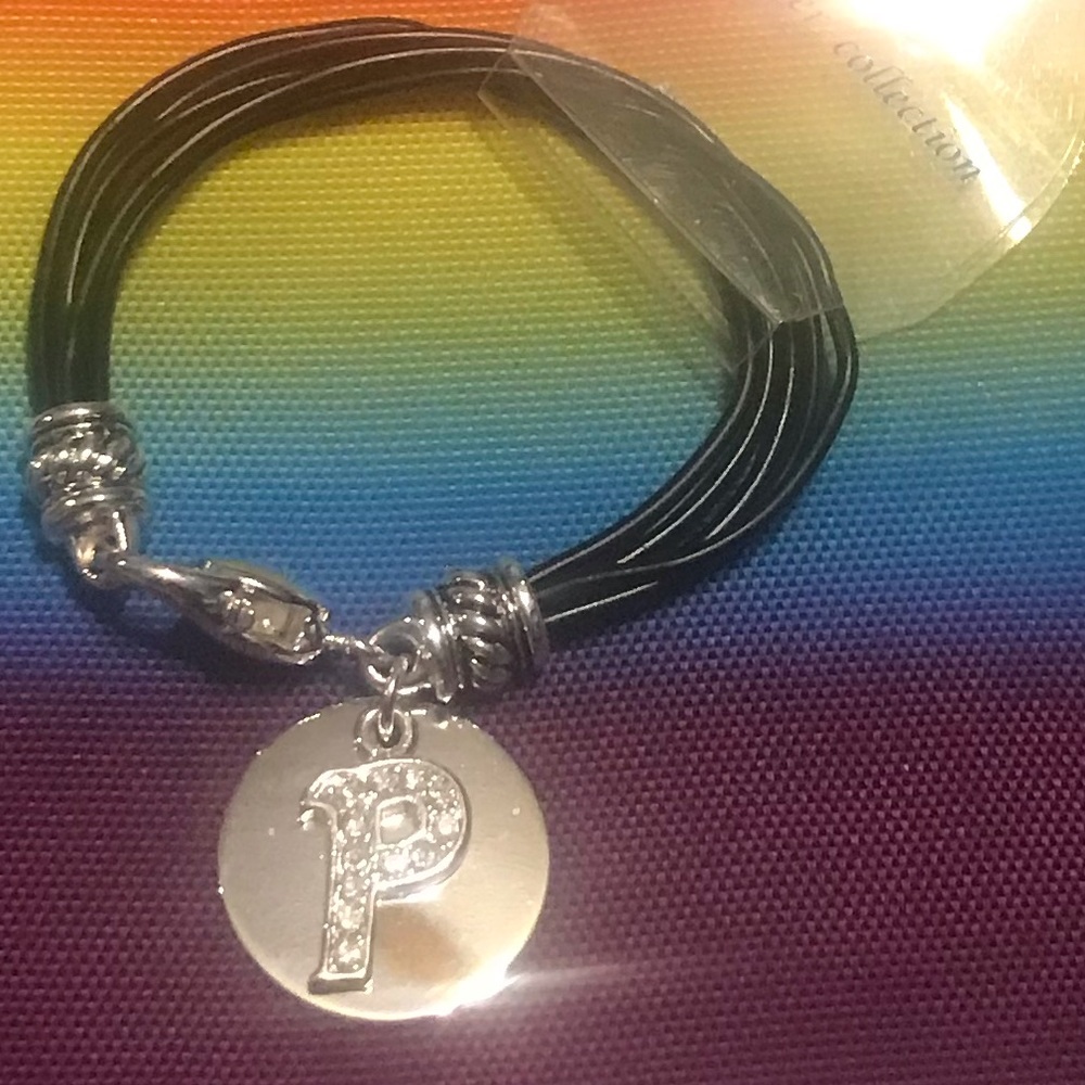 6 Strand Black Waxed Cord Initial “P” Bracelet 7.5